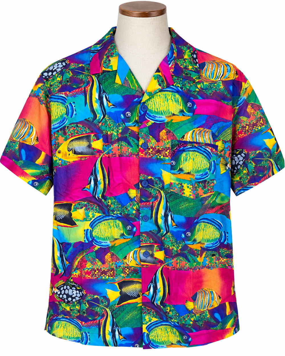 Vintage Men's Hawaiian Fish Print Shirt Colorful Bright Tropical Button Up Large